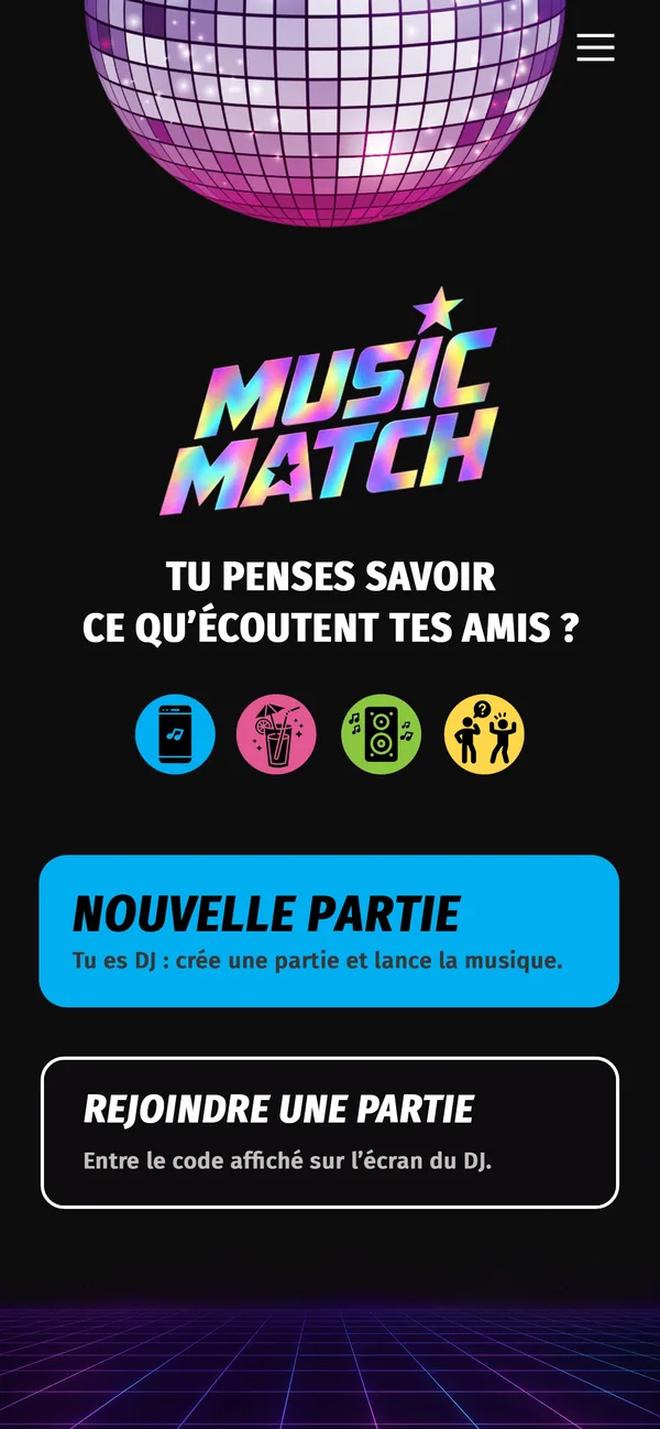 Écran d'accueil de l'app MusicMatch : nouvelle partie ou rejoindre une partie